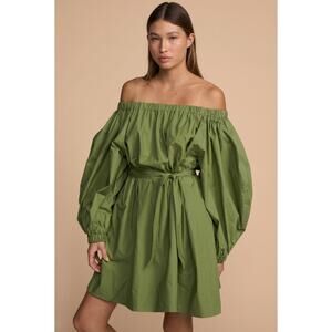 Mikoh Cleo Olive Grove Cotton Oversized Off-Shoulder Mini Dress, size 3/US10